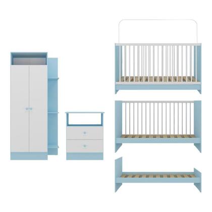Imagem de Jogo De Quarto Infantil Com Colchão Incluso Trevalla Móveis Pom Pom - Azul-branco Azul-branco