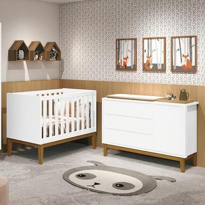 Imagem de Jogo de Quarto Infantil Cômoda 1 Porta e Berço Classic Branco Fosco com Pés Amadeirado - Reller Móveis