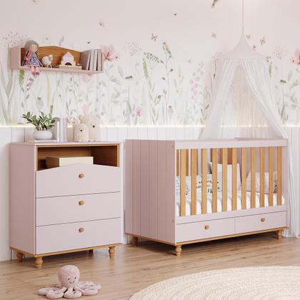 Imagem de Jogo de Quarto Infantil Cômoda Casinha 3 Gavetas e Berço Americano Candy - Permóbili Baby