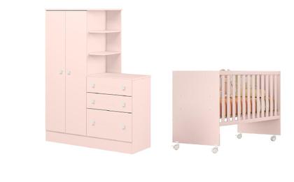 Imagem de Jogo De Quarto Infantil Doce Sonho Completo Berço Com Colchão e Roupeiro Rosa - Leartam