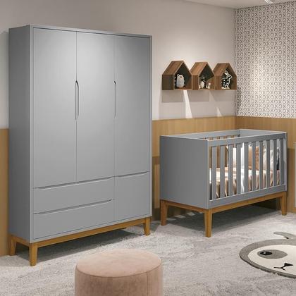 Imagem de Jogo de Quarto Infantil Guarda Roupa 3 Portas e Berço Classic Cinza Fosco com Pés Amadeirado - Reller Móveis