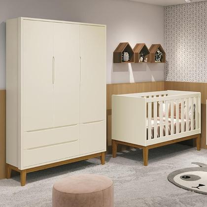 Imagem de Jogo de Quarto Infantil Guarda Roupa 3 Portas e Berço Classic com Pés Amadeirado - Reller Móveis