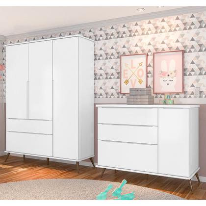 Imagem de Jogo De Quarto Infantil Guarda Roupa 3 Portas e Cômoda 1 Porta 3 Gavetas 100% Mdf P04 Mel Branco  Mpozenato