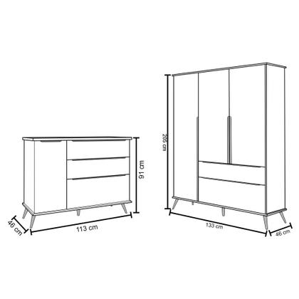 Imagem de Jogo De Quarto Infantil Guarda Roupa 3 Portas e Cômoda 1 Porta 3 Gavetas 100% Mdf P04 Mel Branco  Mpozenato