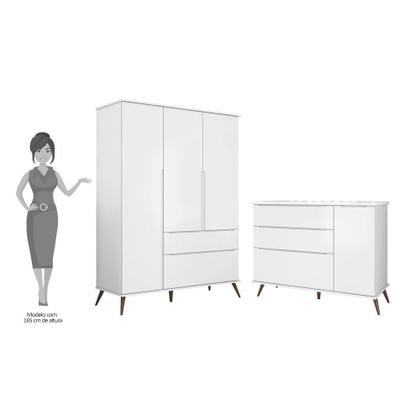 Imagem de Jogo De Quarto Infantil Guarda Roupa 3 Portas e Cômoda 1 Porta 3 Gavetas 100% Mdf P04 Mel Branco  Mpozenato