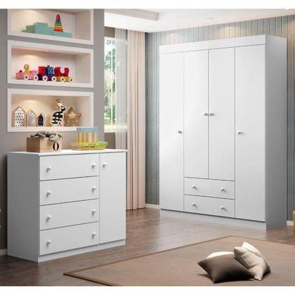 Imagem de Jogo De Quarto Infantil Guarda Roupa 4 Portas E Cômoda 4 Gavetas Ellie P04 Branco - Mpozenato