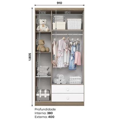 Imagem de Jogo de Quarto Infantil Guarda Roupa e Cômoda Bala de Menta Rústico/Branco - Henn