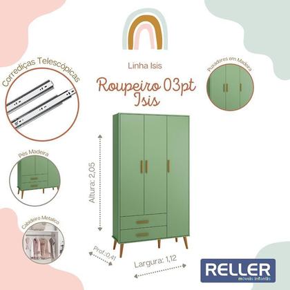 Imagem de Jogo de Quarto Infantil Isis Guarda Roupa 3 Portas e Cômoda 4 Gavetas Botânico - Reller Móveis