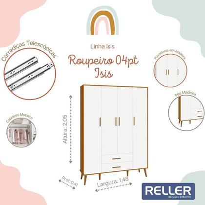 Imagem de Jogo de Quarto Infantil Isis Guarda Roupa 4 Portas e Cômoda 4 Gavetas Branco/Savana - Reller Móveis