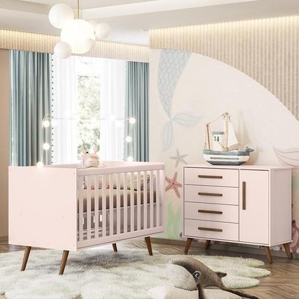 Imagem de Jogo de Quarto Infantil Q Encanto Retrô com Cômoda e Berço Rosa - Qmovi