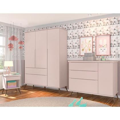 Imagem de Jogo de Quarto Infantil Retrô Alice Guarda Roupa, Cômoda com Porta e Mesinha Rosê - PR Baby