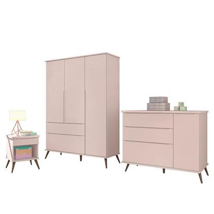 Imagem de Jogo de Quarto Infantil Retrô Alice Guarda Roupa, Cômoda com Porta e Mesinha Rosê - PR Baby