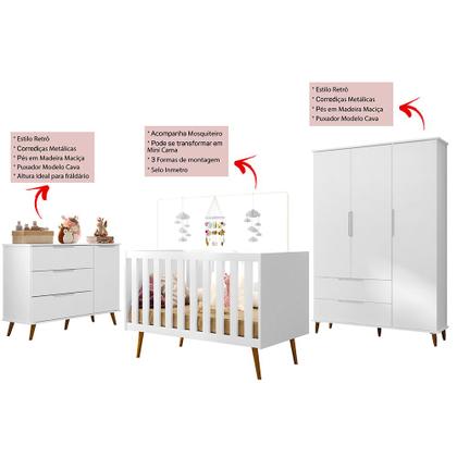 Imagem de Jogo de Quarto Infantil Retrô Melinda  Roupeiro, Cômoda e Berço Mini Cama Ana - Branco