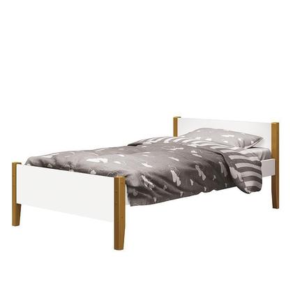 Imagem de Jogo de Quarto Infantil Simba Estante Escrivaninha, Cama e Mesa de Canto Theo Branco Fosco com Pés Amadeirado - Reller Móveis