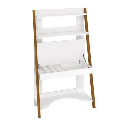 Imagem de Jogo de Quarto Infantil Simba Estante Escrivaninha, Cama e Mesa de Canto Theo Branco Fosco com Pés Amadeirado - Reller Móveis