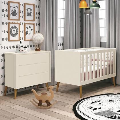 Imagem de Jogo de Quarto Infantil Theo Retrô Cômoda 3 Gavetas e Berço com Pés Amadeirado - Reller Móveis