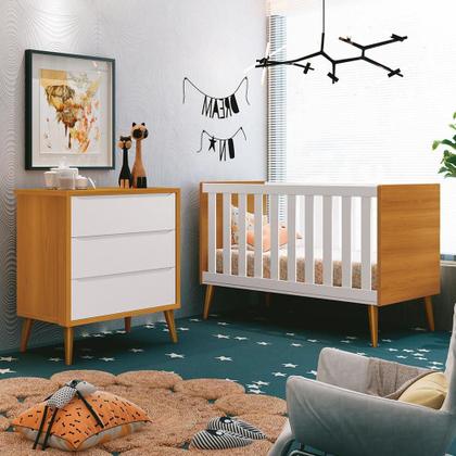 Imagem de Jogo de Quarto Infantil Theo Retrô Cômoda 3 Gavetas e Berço com Pés Amadeirado - Reller Móveis
