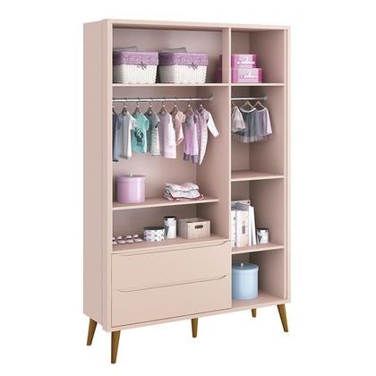 Imagem de Jogo de Quarto Infantil Theo Retrô Guarda Roupa 3 Portas e Cômoda 1 Porta Rosa com Pés Amadeirado - Reller Móveis