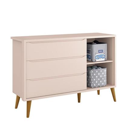 Imagem de Jogo de Quarto Infantil Theo Retrô Guarda Roupa 3 Portas e Cômoda 1 Porta Rosa com Pés Amadeirado - Reller Móveis