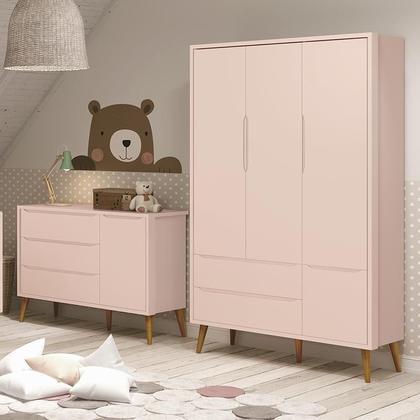 Imagem de Jogo de Quarto Infantil Theo Retrô Guarda Roupa 3 Portas e Cômoda 1 Porta Rosa com Pés Amadeirado - Reller Móveis