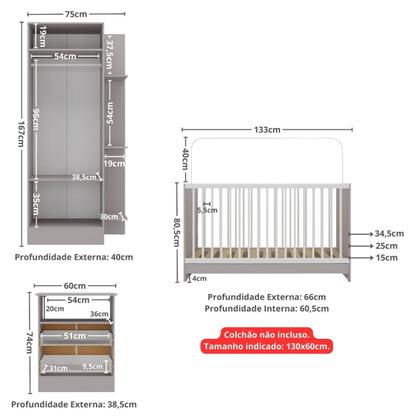 Imagem de Jogo De Quarto Infantil Trevalla Móveis Pom Pom 3 Peças