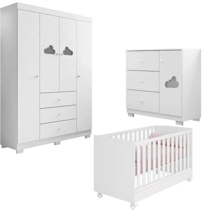 Imagem de Jogo de Quarto para Bebe Com Guarda Roupa 4 Portas, Cômoda Ane + Berço Branco