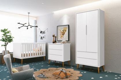 Imagem de Jogo de Quarto para Bebê Completo 2 Portas Théo New Branco Fosco com Madeira - Reller