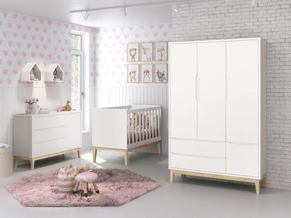 Imagem de Jogo de Quarto para Bebê Completo 3 Portas Classic New Branco Fosco com Natural - Reller