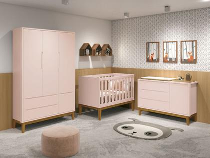 Imagem de Jogo de Quarto para Bebê Completo 3 Portas Classic New Rosa Fosco com Madeira - Reller
