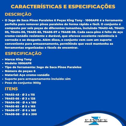 Imagem de Jogo de Saca Pinos Paralelos 6 Peças King Tony - 1006APR