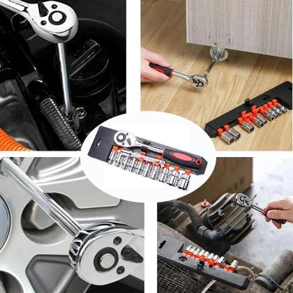 Imagem de Jogo De Soquete Sextavado 10-22MM Com Chave Catraca Reversivel 1/2 Polegadas Extensão 12 Peças CRV