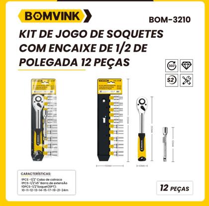 Imagem de Jogo De Soquete Sextavado 10-22MM Com Chave Catraca Reversivel 1/2 Polegadas Extensão 12 Peças CRV