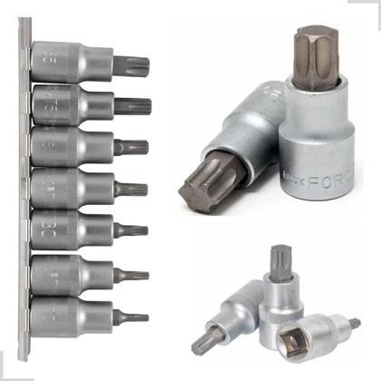Imagem de Jogo De Soquetes Bits Torx T20 A T55 Encaixe 1/2 Com 7 Pçs Aço cromo vanádio Kit Torque Curto Cromado Chave Catraca Fenda Allen Parafusadeira