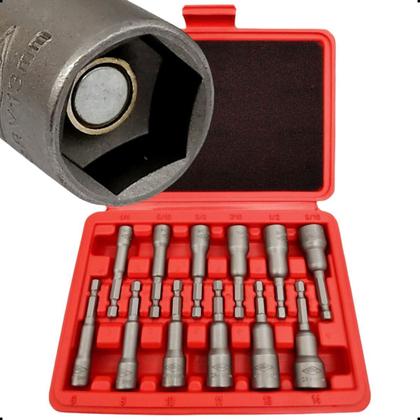 Imagem de Jogo De Soquetes Sextavado Imantado 12 Pç Milimetro Pol 1 4 Bits 110mm Ph2 Parafusadeira Furadeira