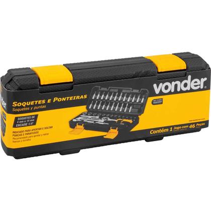 Imagem de Jogo de Soquetes Sextavados e Ponteiras com Encaixe de 1/4" 4 mm a 14 mm com Catraca - 46 Peças - VONDER