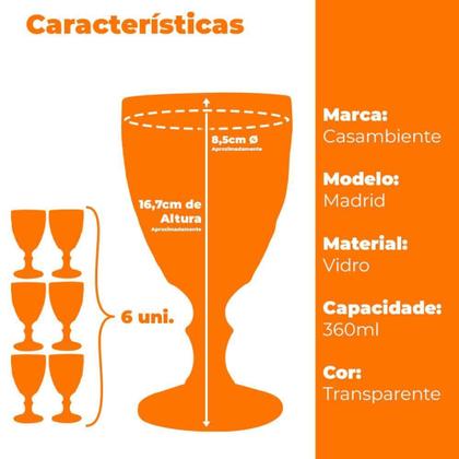 Imagem de Jogo de Taças de Vidro Transparente Madrid 360ml 6 peças - Casambiente
