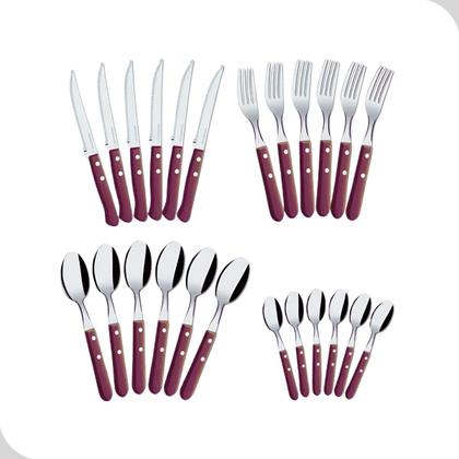 Imagem de Jogo de Talheres 24 Peças Aço Inox Cabos Madeira Faqueiro