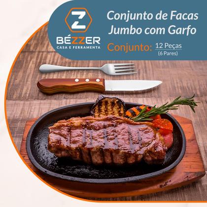 Imagem de Jogo de Talheres Faca Jumbo e Garfo 12 peças Mundial Cabo Madeira Faqueiro Wood Churrasco