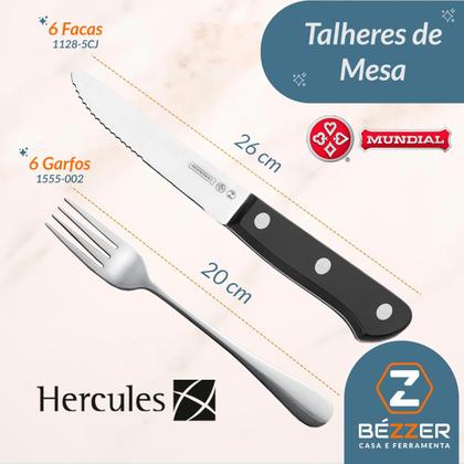 Imagem de Jogo de Talheres Faca Jumbo e Garfo 24 peças Mundial Cabo Preto Faqueiro Premium Churrasco