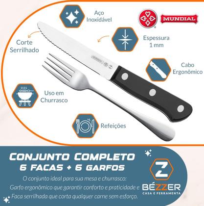 Imagem de Jogo de Talheres Faca Jumbo e Garfo 24 peças Mundial Cabo Preto Faqueiro Premium Churrasco