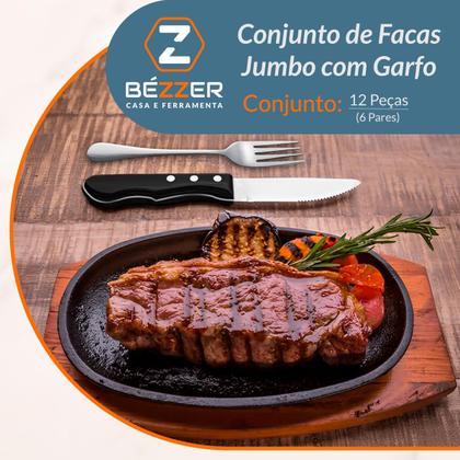 Imagem de Jogo de Talheres Faca Jumbo e Garfo 24 peças Mundial Cabo Preto Faqueiro Premium Churrasco