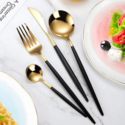 Imagem de jogo de talheres faqueiro aparelho de jantar 24 peças inox itens mesa posta cozinha - kit talher slim com cabo