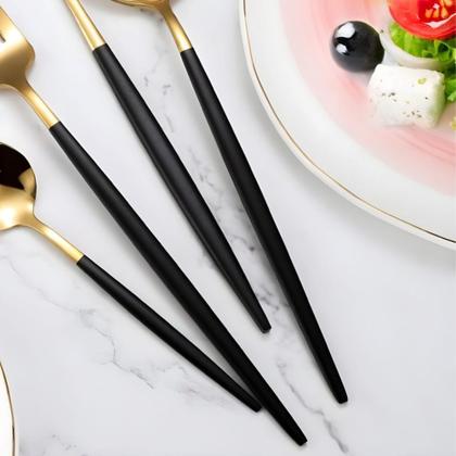 Imagem de jogo de talheres faqueiro aparelho de jantar 24 peças inox itens mesa posta cozinha - kit talher slim com cabo