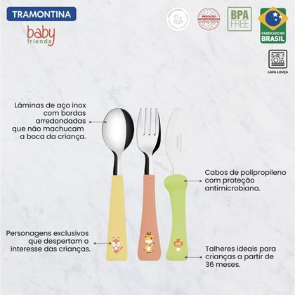 Imagem de Jogo de Talheres Infantil Tramontina Baby Friends em Aço Inox e Cabos de Polipropileno Colorido 3 Peças - 23797906