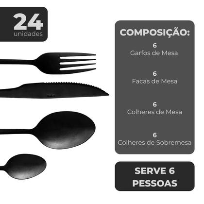 Imagem de Jogo De Talheres Mesa 24 Pçs Garfo Faca Colher Aço Inox Positano Black Preto Luxo Lyor