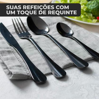 Imagem de Jogo De Talheres Mesa 24 Pçs Garfo Faca Colher Aço Inox Positano Black Preto Luxo Lyor