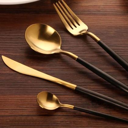 Imagem de Jogo De Talheres P Aparelho De Jantar Faqueiro Inox Dourado Rosê Dourado/Preto 24 Peças Utensílios de Cozinha Completo