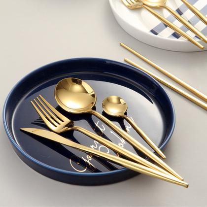 Imagem de Jogo De Talheres P Aparelho De Jantar Faqueiro Inox Dourado Rosê Dourado/Preto 24 Peças Utensílios de Cozinha Completo