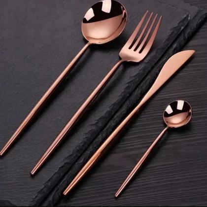 Imagem de Jogo De Talheres P Aparelho De Jantar Faqueiro Inox Dourado Rosê Dourado/Preto 24 Peças Utensílios de Cozinha Completo