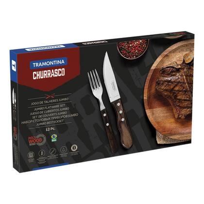 Imagem de Jogo de Talheres para Churrasco Jumbo Tramontina em Aço Inox com Cabo Castanho Polywood 12 Peças